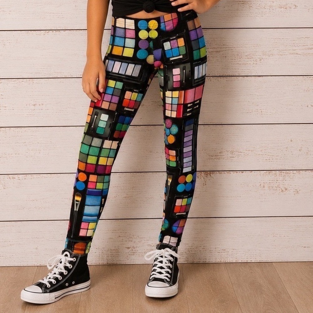 Terez Girls Makeup Palette Leggings Multi Color Graphic Print Size Medium NWT